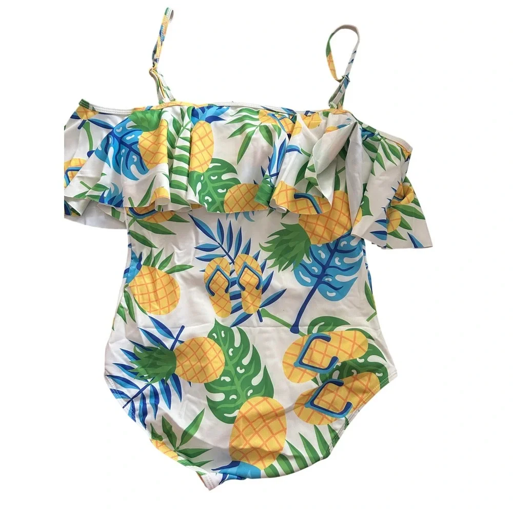 Unbranded Women Tropical Pineapple Ruffle‎ One Piece Swimsuit White Blue Medium